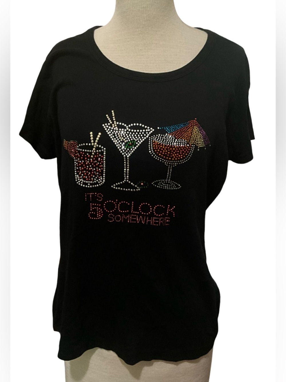 Isaac’s Designs Black Rhinestone Cocktail Graphic T-Shirt Women’s L